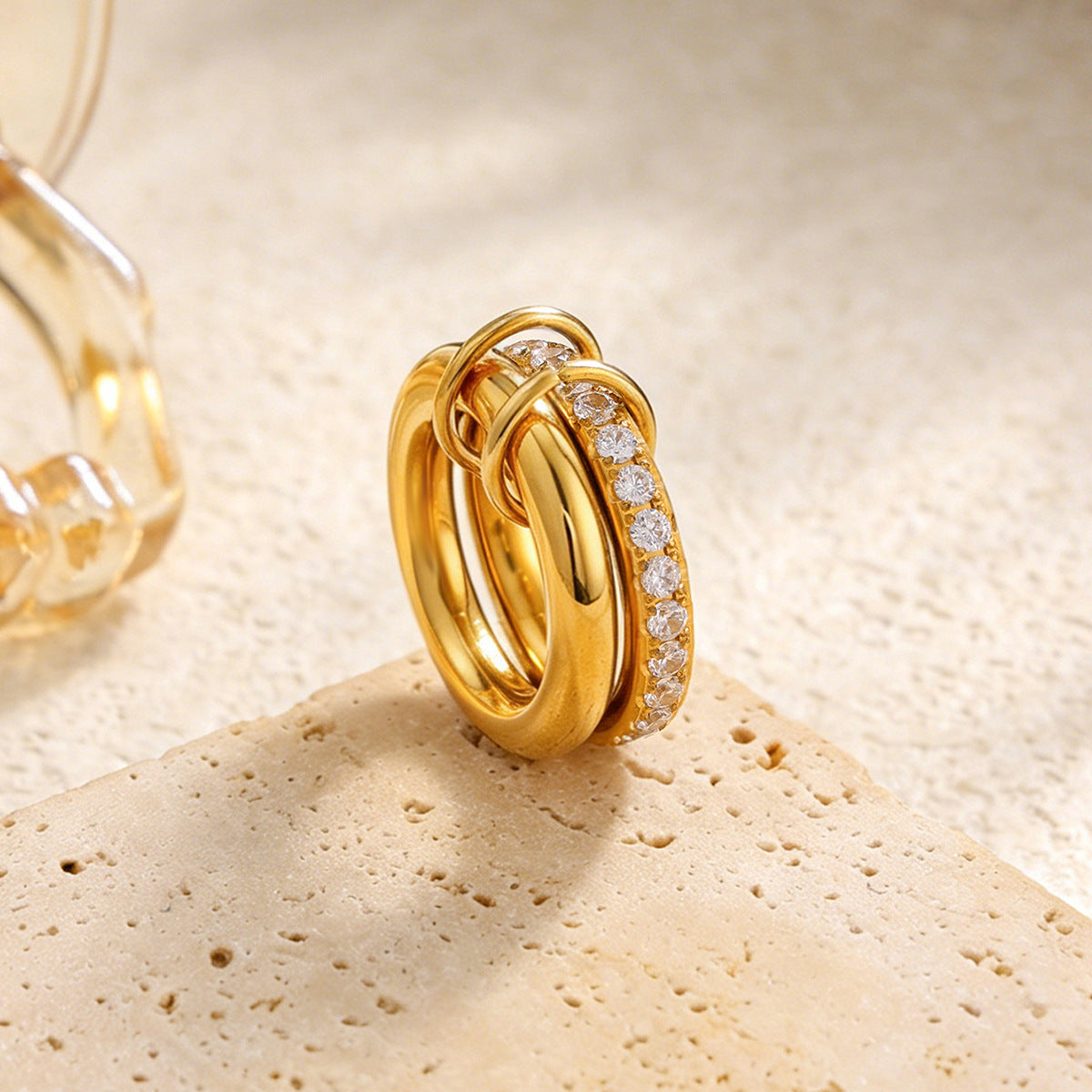 Luxury Minimalist 18K Gold Plated Stainless Steel Rhinestone Inlaid Geometric Open Ring for Women