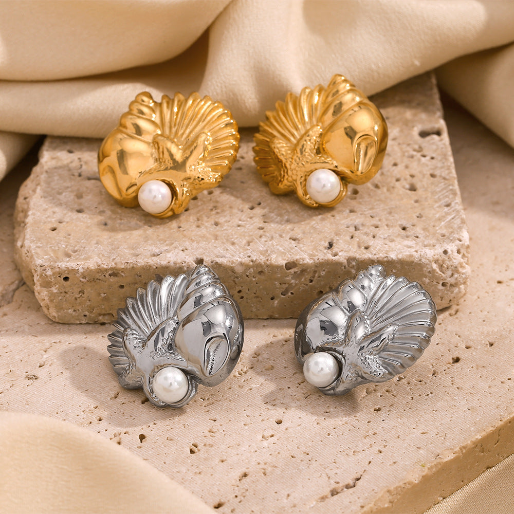 Fashionable Minimalist Geometric Stainless Steel Ear Studs with 18K Gold Plating Featuring Ocean Life Motifs for Women