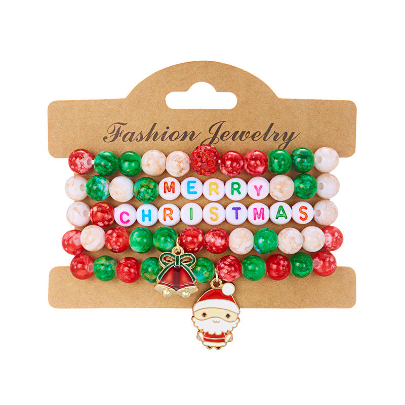 Bracciale Elastico Natalizio alla Moda con Perline in Lega e Ciondoli a Forma di Fiocco di Neve, Renna e Babbo Natale per Donna