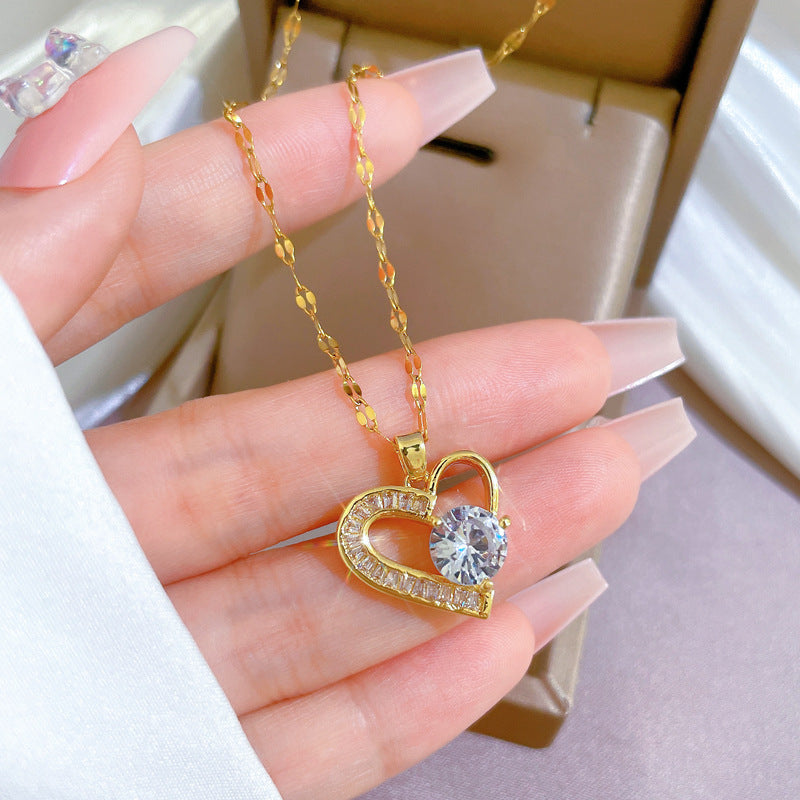 Luxury Titanium Steel Heart Chain Necklace for Women and Men with Rhinestone Inlay and Floral Accents