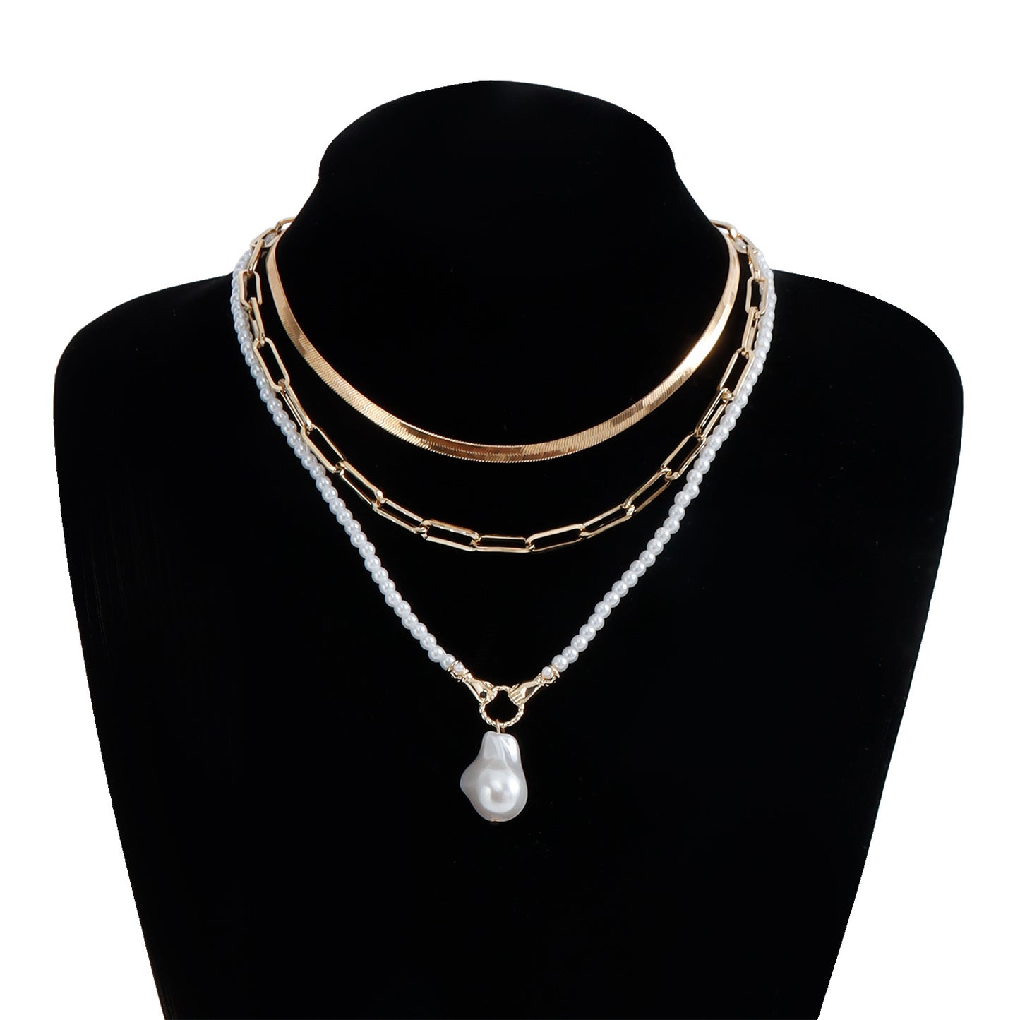 Collar de moda geométrico multicapa de aleación con perlas y acabado chapado para mujer