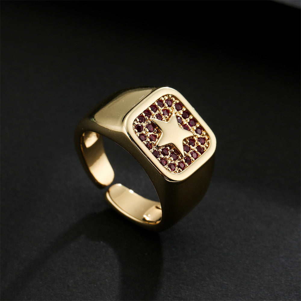 Punk Style Geometric Star-Shaped Copper Ring with 18K Gold Plating and Micro-Pave Zirconia