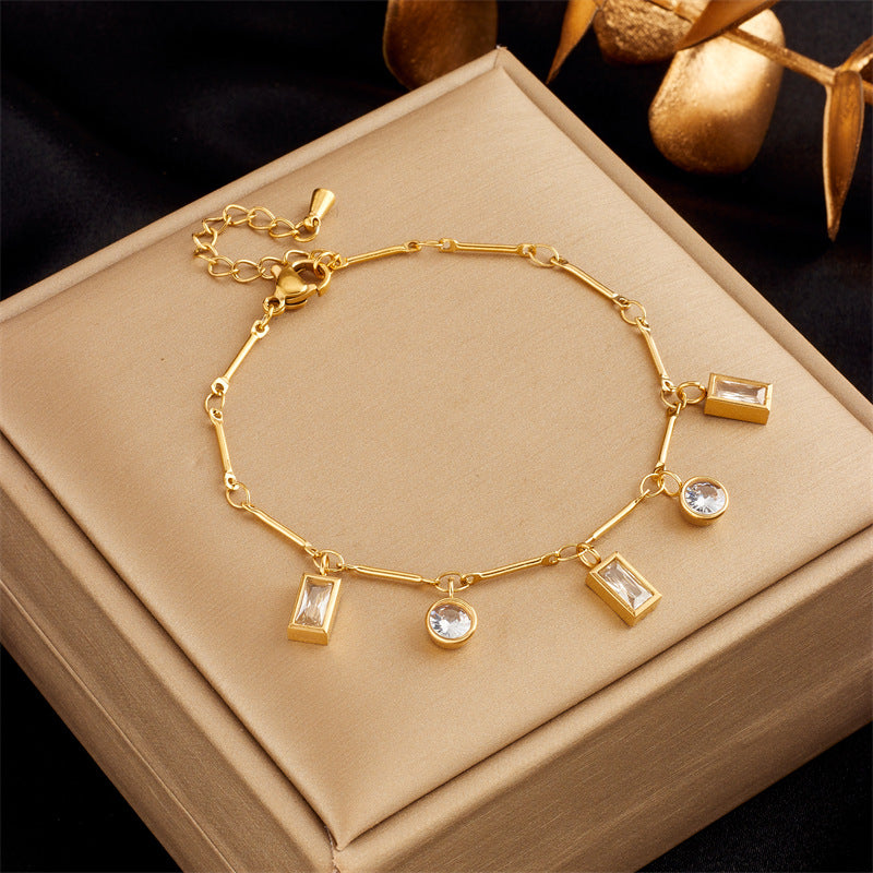 Braccialetto da Donna Minimalista Geometrico Tondo e Quadrato con Strass in Acciaio al Titanio