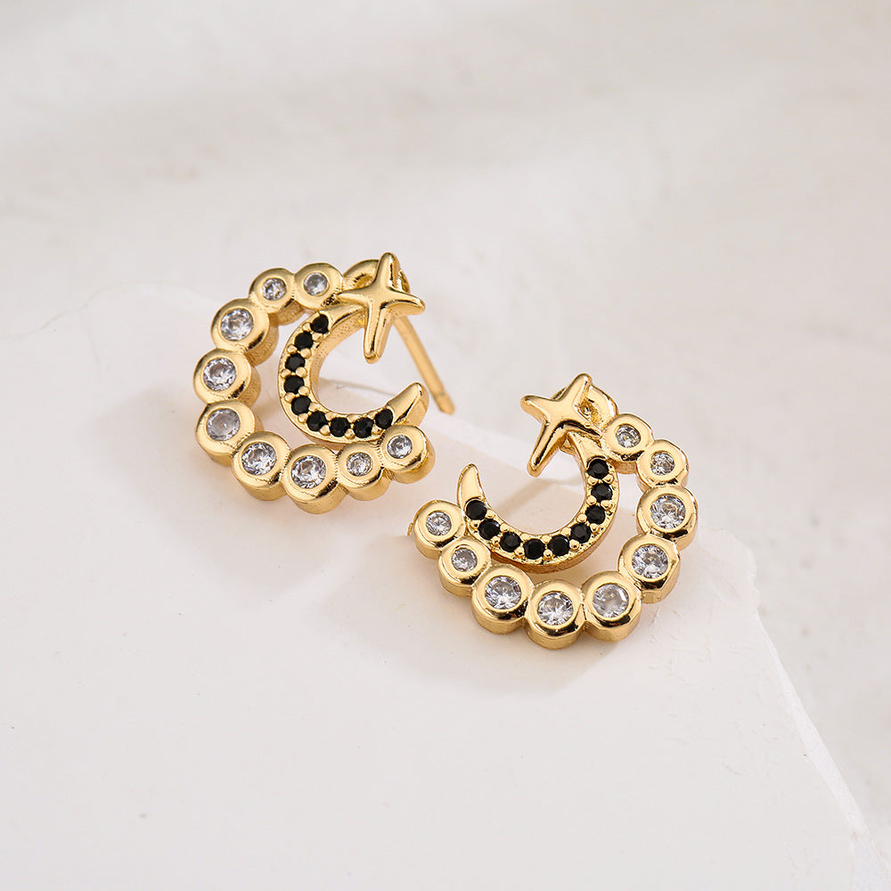 Minimalist Geometric Moon and Star Stud Earrings in Copper with 18K Gold Plating and Micro-Pave Zirconia
