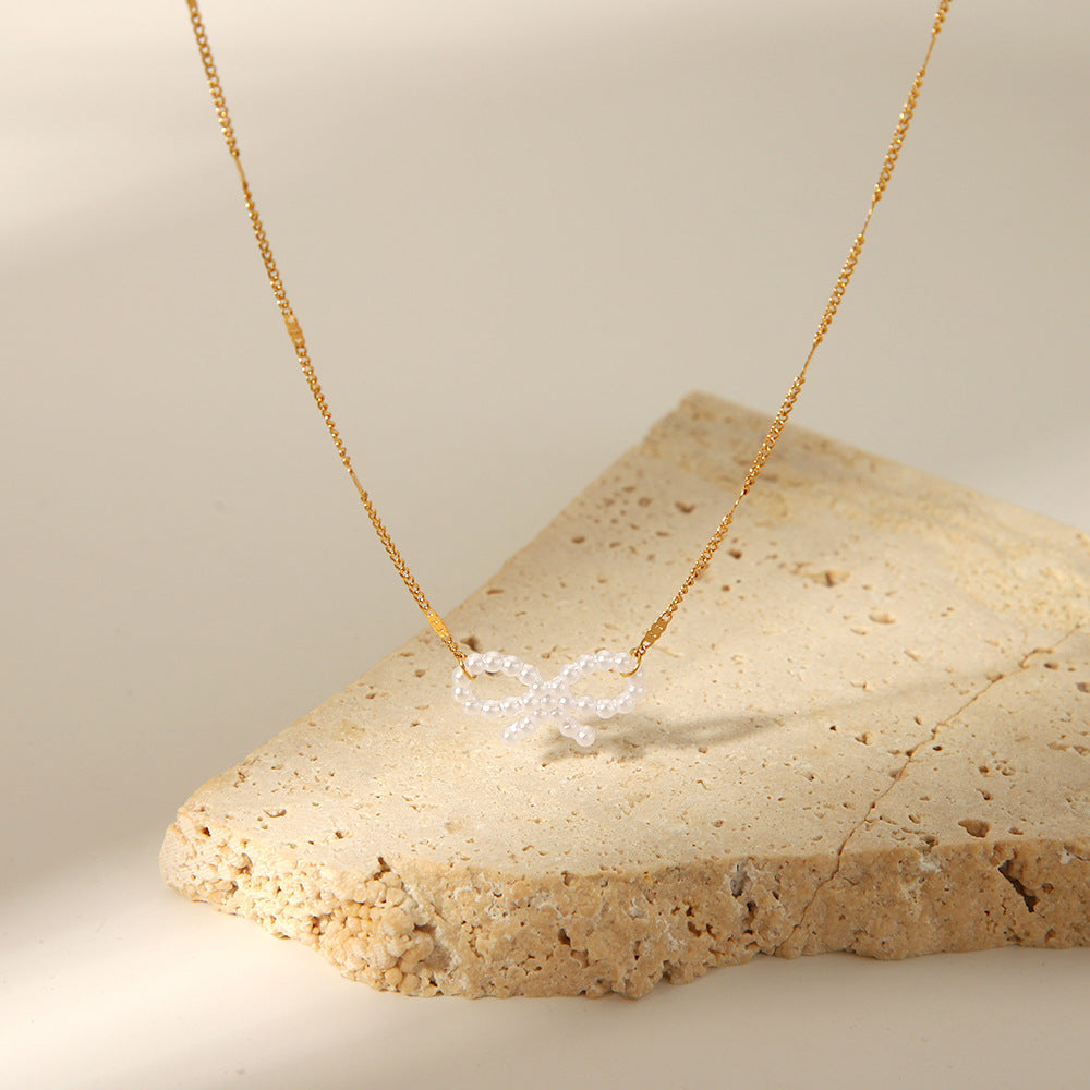 Minimalist Bowknot Clavicle Necklace in Stainless Steel with 18K Gold Plating for Women