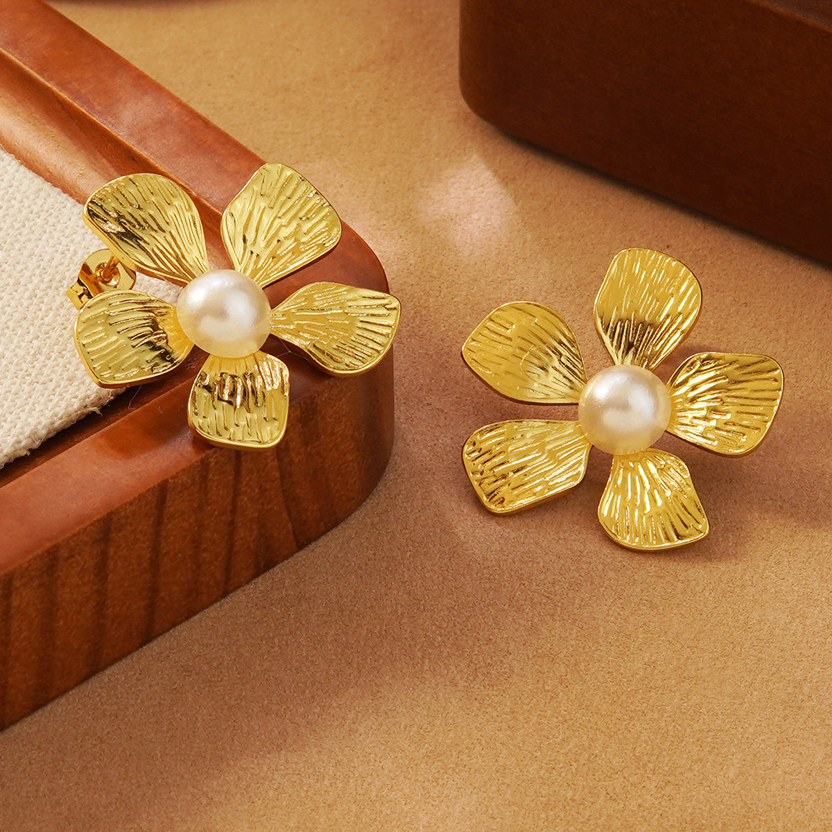 Sweet Floral Stainless Steel Earrings with White Pearl Inlay for Women