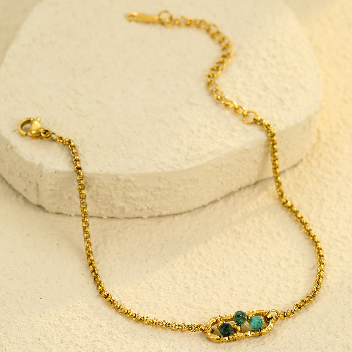 Minimalist Geometric Stainless Steel Bracelet with Natural Stone Inlay and 18K Gold Plating for Women