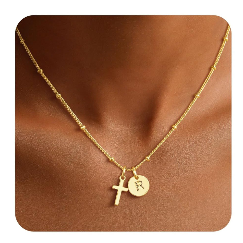 Luxury Elegant Stainless Steel Plated Cross Letter Pendant Necklace Ball Chain Women's Jewelry