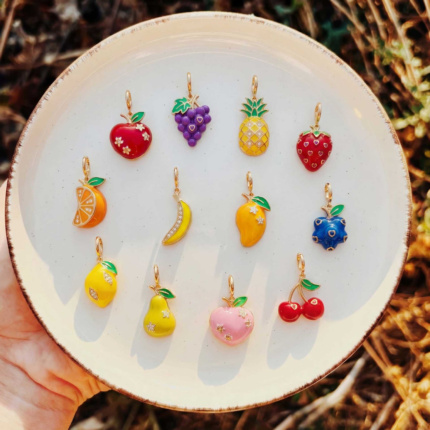 Vintage Drip Oil Plated Brass Cubic Zirconia Fruit Charm Bar