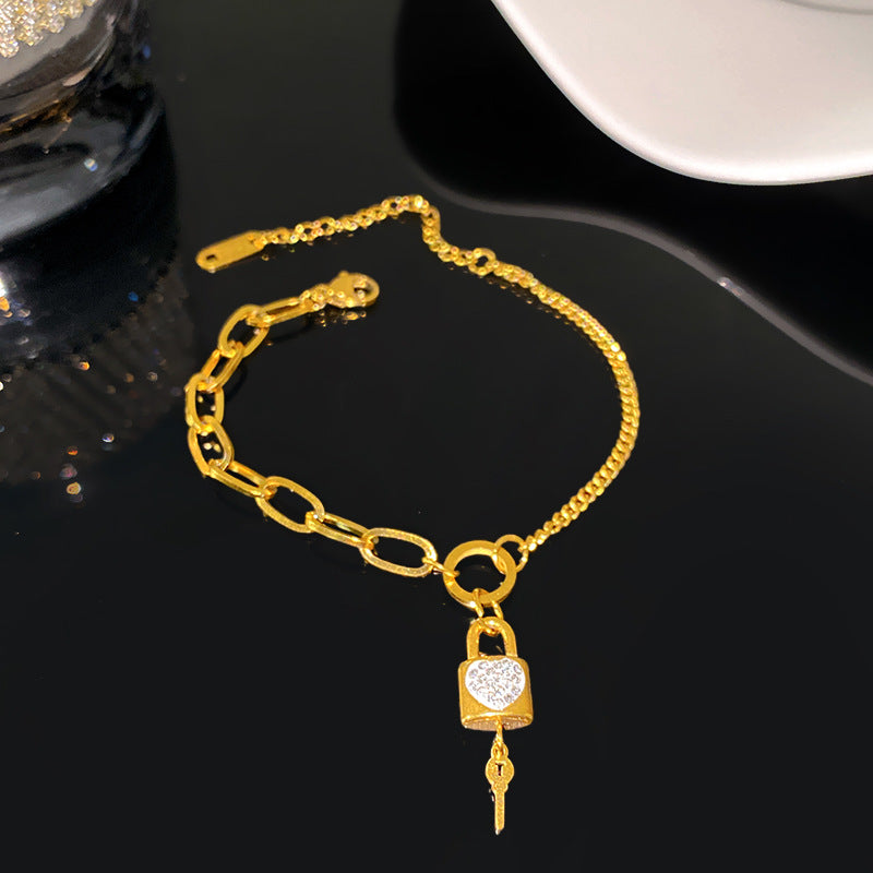 Personalized Key and Lock Rhinestone Plated Titanium Steel Bracelet Adjustable Chain