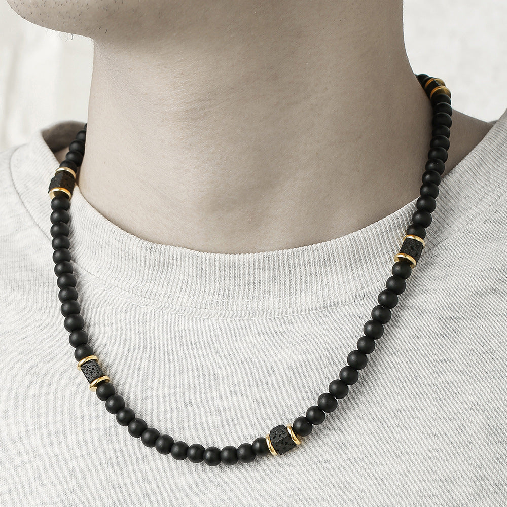 Hip-hop Minimalist Geometric Round Volcanic Stone Matte Beaded Necklace for Unisex