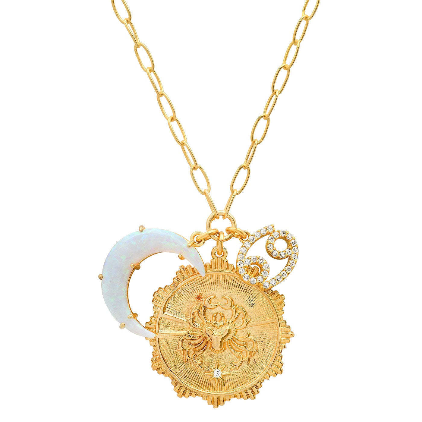 Collana con Pendente Vintage Segno Zodiacale Luna con Opale in Rame con Zirconi Micro-Pave, a Mezzaluna, Catenina Regolabile per Clavicola
