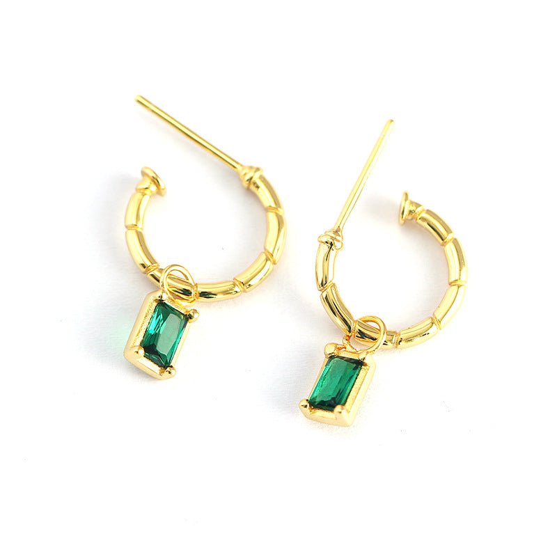 Elegant 925 Sterling Silver Geometric C-Shaped Earrings with Emerald Cubic Zirconia Inlay for Women