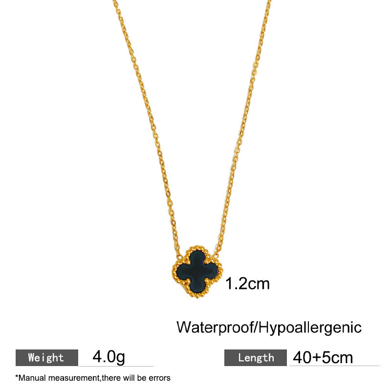 Blue Four-Leaf Clover Titanium Steel Necklace with 18K Gold Plated Double-Sided Black and White Pendant