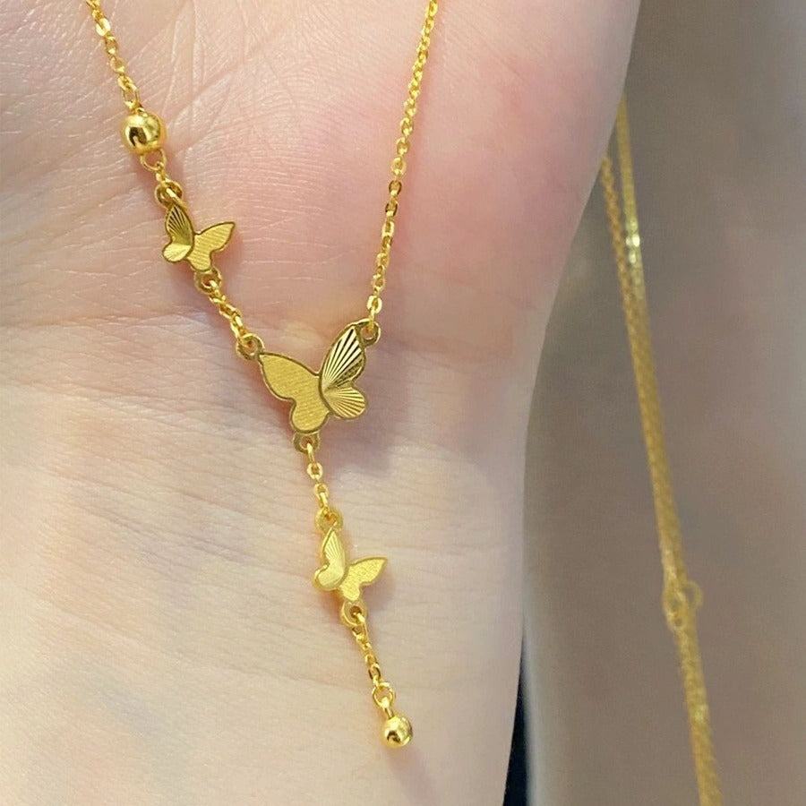 Original Design 18K Gold Plated Titanium Steel Butterfly Tassel Necklace Unisex O-Chain Pendant