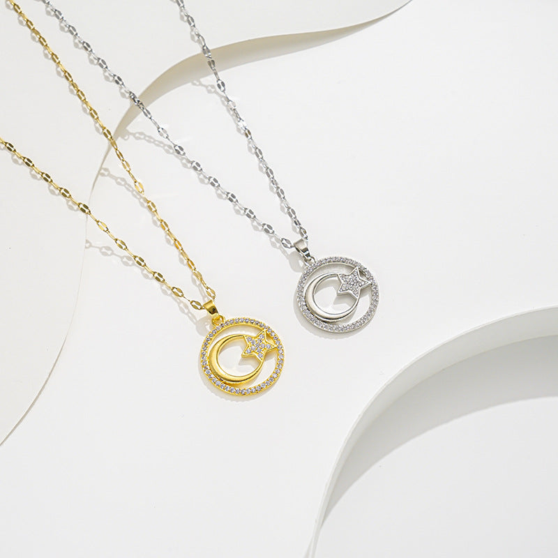 Collar con Colgante de Luna y Estrella Geométrica Minimalista de Acero de Titanio con Chapado en Oro para Mujer