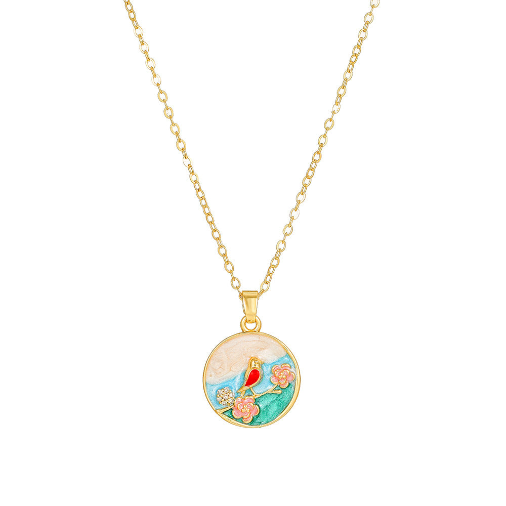 Elegant Drip Oil Floral Brass Gold Plated Necklace with Cubic Zirconia Inlay Cable Chain