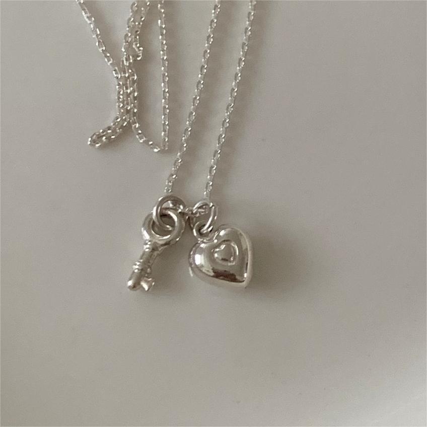 Minimalist Heart Key Pendant Necklace in 925 Sterling Silver with Gold Plating on Snake Chain