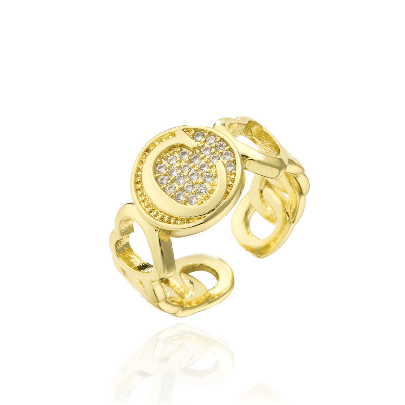 18K Gold Plated Brass Micro-Paved Cubic Zirconia Heart Letter Cuban Link Chain Open Ring for Women