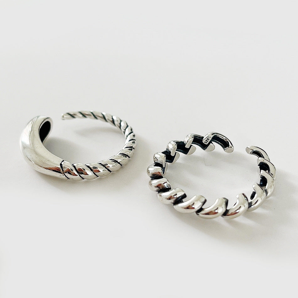 Vintage Minimalist Heart-Shaped 925 Sterling Silver Adjustable Ring with Rope Knot Detail for Women