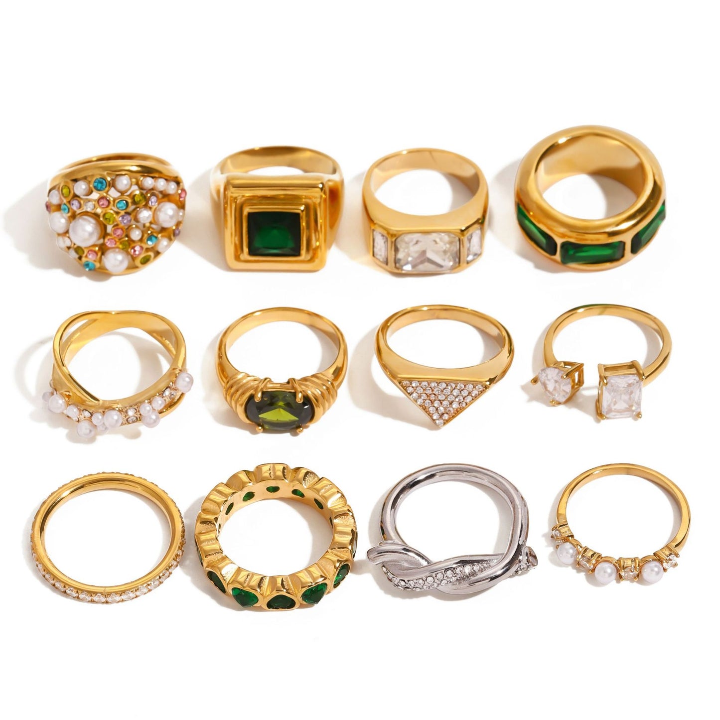 Anillo de acero inoxidable geométrico con circonita y perlas, chapado para mujer, joyería minimalista de moda