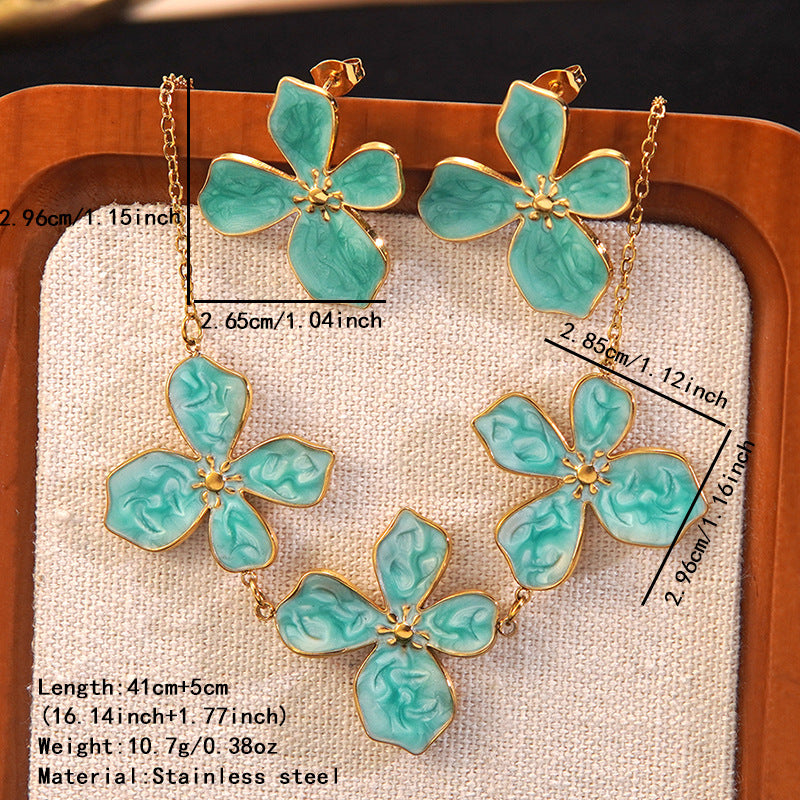 Set collana e orecchini in acciaio inossidabile da donna, con goccia d'olio floreale, dolce e minimalista
