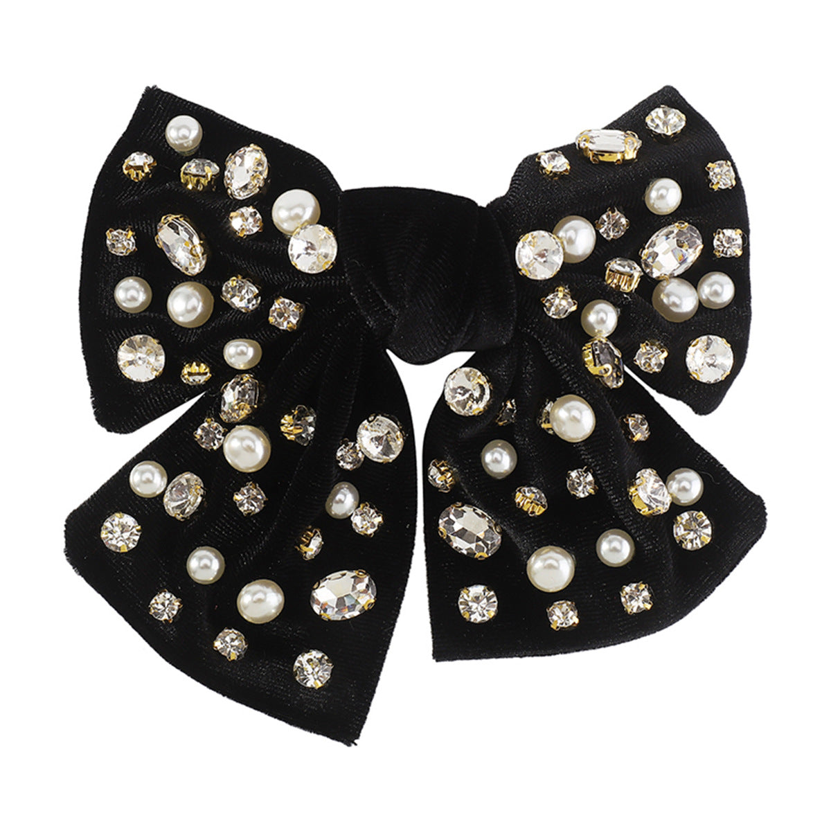 Fermaglio per Capelli Vintage Dolce e Audace con Fiocco, Intarsio di Strass e Dettagli di Perle su Base in Tessuto di Velluto a Coste per Donna