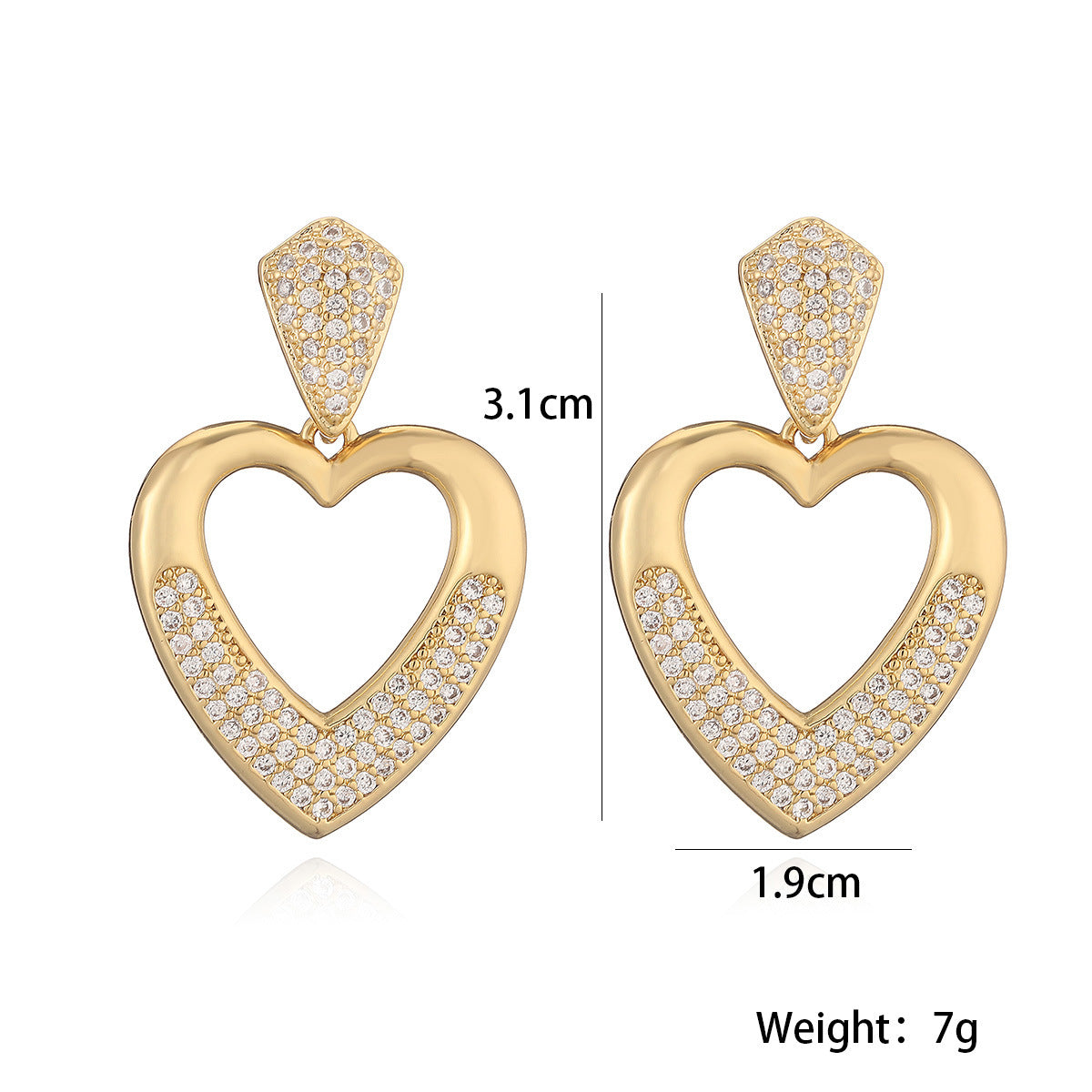 Minimalist Heart-Shaped Copper Earrings with Real Gold Plating and Zircon Inlay, Hollow Design for Women