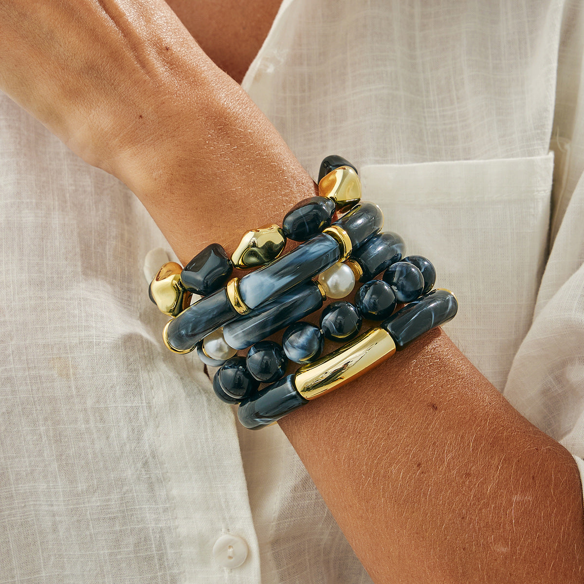 Gradient Round Geometric Resin Beaded Bracelet CCB Bamboo Joint Curved Tube Bangle