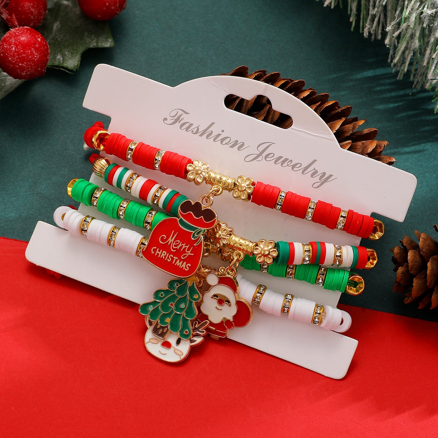 Set di Bracciali Personalizzati a Tema Natalizio con Ciondoli a Forma di Fiocco di Neve, Babbo Natale, Renna e Albero per Donna