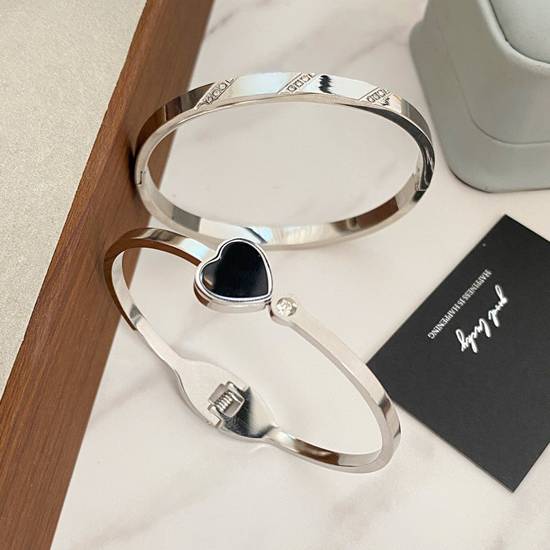 Fan Shaped Heart Rhinestone Inlaid Titanium Steel Plated Open Cuff Bracelet