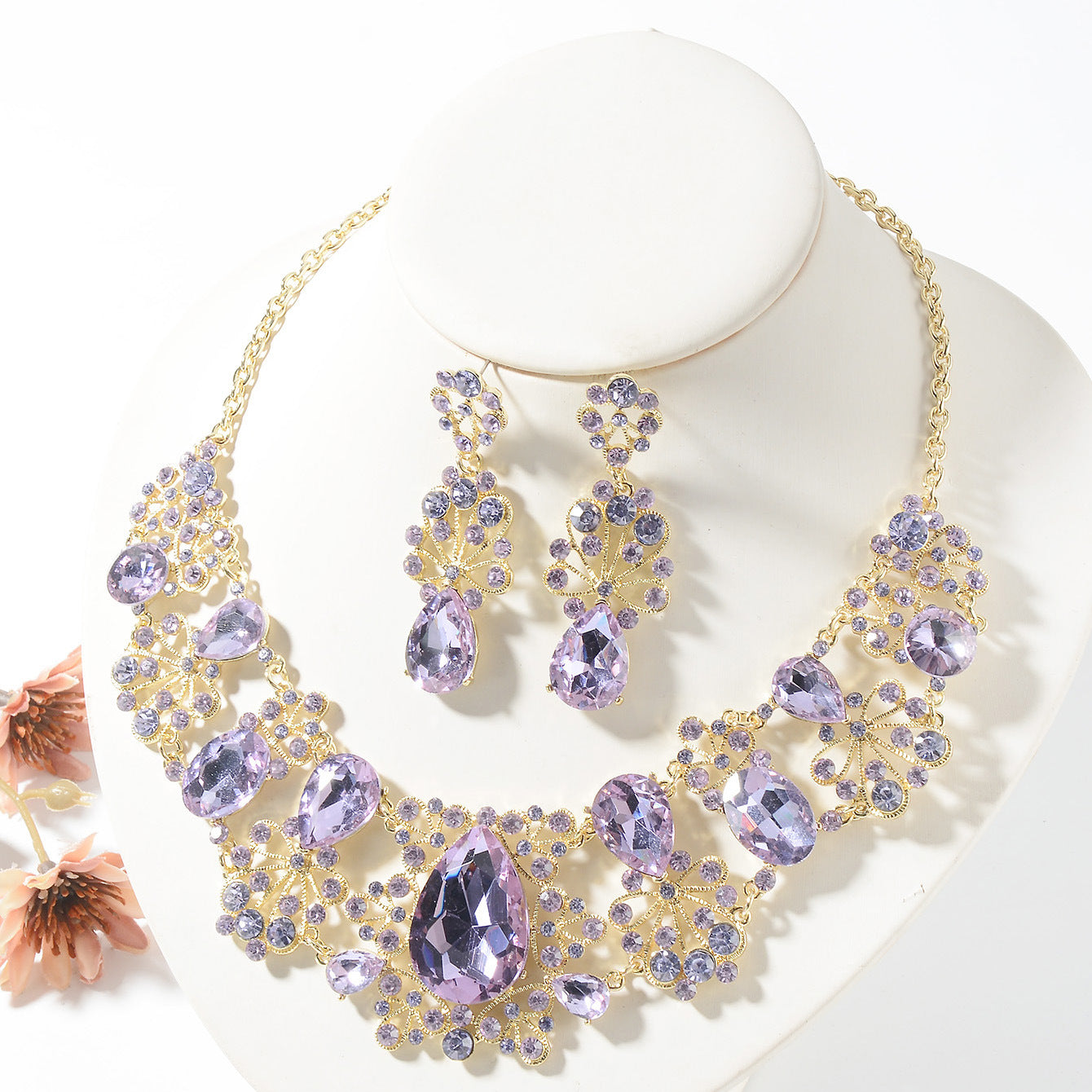 Sweet Floral Crystal Alloy Plated Necklace and Earring Set with Cable Chain for Women