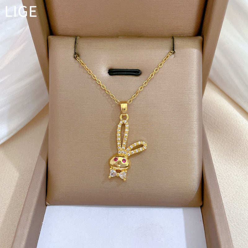 Minimalist Rabbit Pendant Necklace in Stainless Steel with Rhinestone Inlay for Women and Unisex Wear