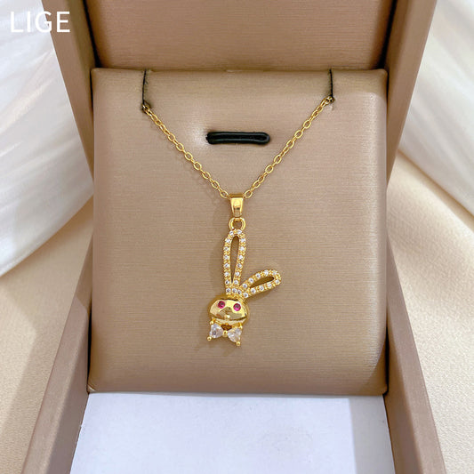 Minimalist Rabbit Pendant Necklace in Stainless Steel with Rhinestone Inlay for Women and Unisex Wear