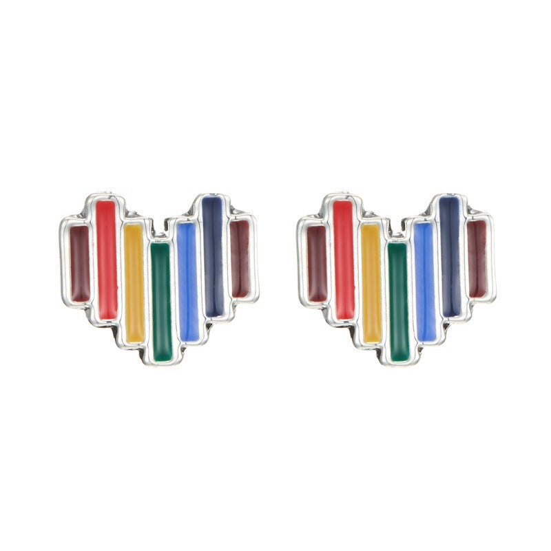Orecchini da donna in lega con cuore arcobaleno minimalista a strisce effetto olio a goccia