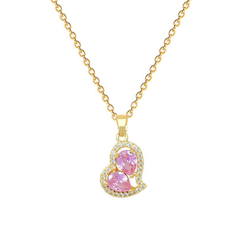 Sweet Minimalist Irregular Pink Heart Rhinestone Titanium Steel Necklace for Unisex