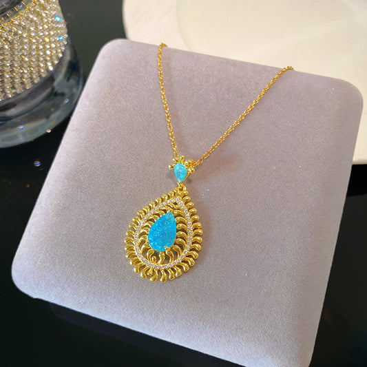 Vintage Sweet Heart Turquoise Inlay Plated Titanium Steel Necklace Cable Chain Unisex