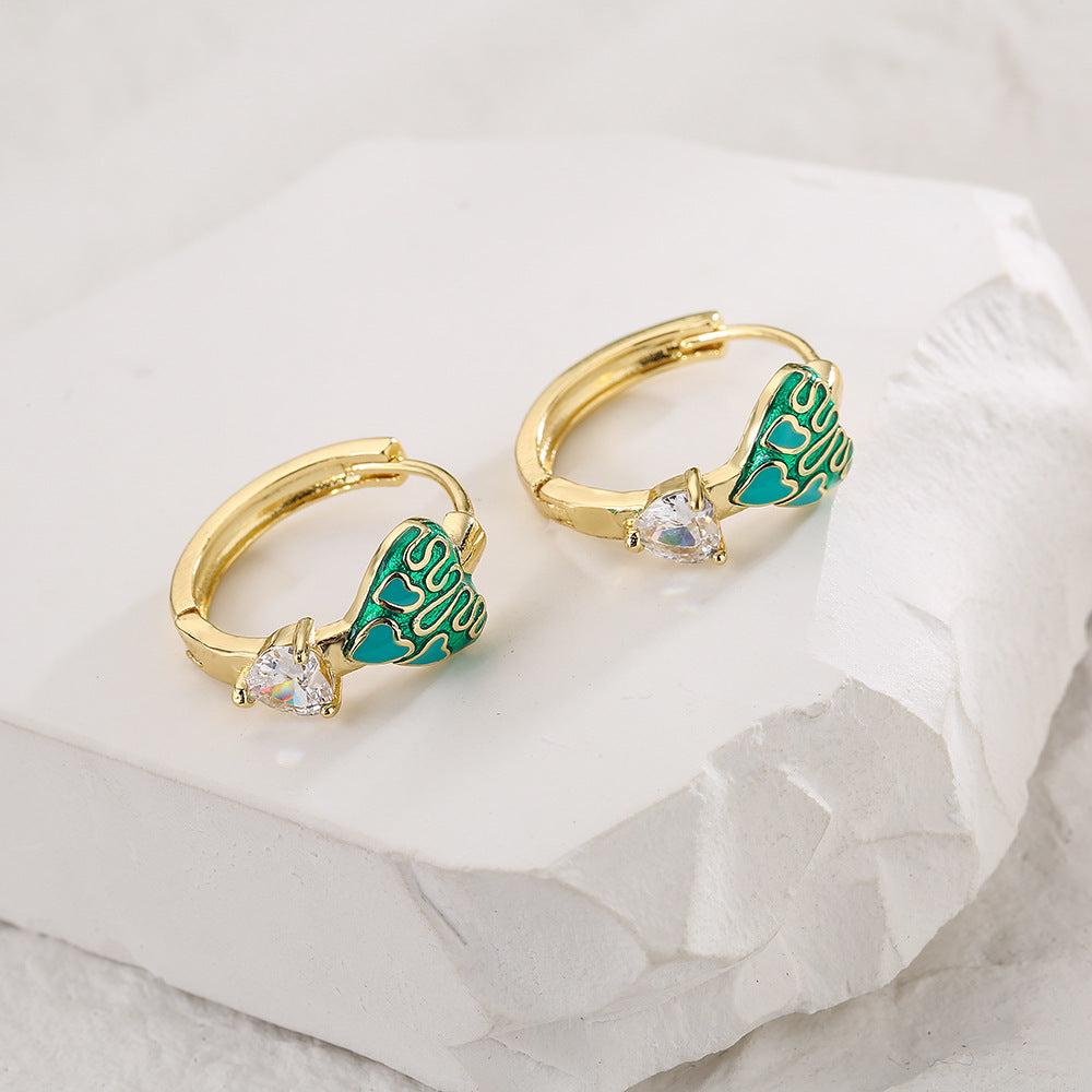 Sweet and Cute Style Geometric Heart-Shaped Enamel and Rhinestone Earrings in Copper with 18K Gold Plating for Women