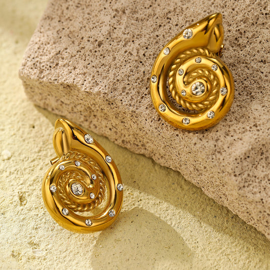 Fashionable Seashell-Shaped Titanium Steel Earrings for Women with Rhinestone Inlay and Plating Finish
