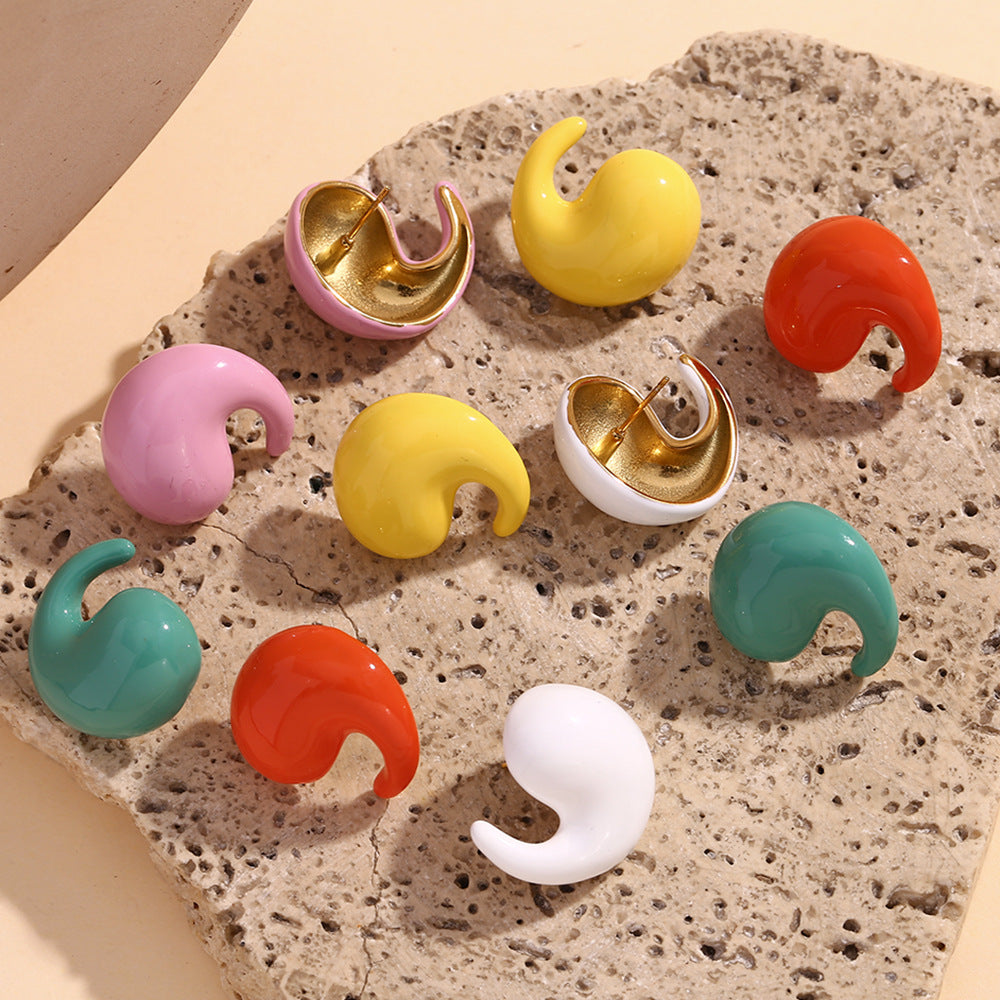 Orecchini a perno da donna in acciaio inossidabile geometrici, minimalisti e di tendenza, placcati in oro 18 carati con accenti smaltati a goccia
