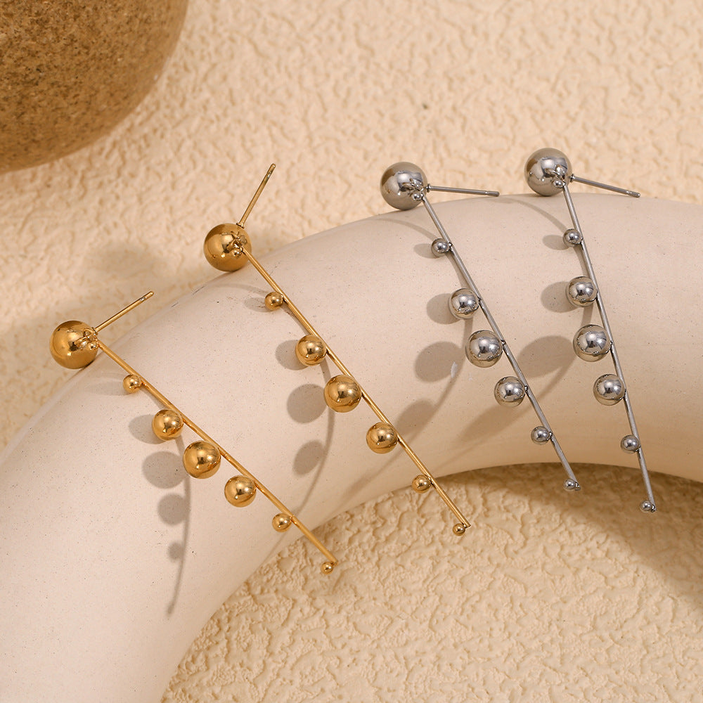 Fashionable Geometric Stainless Steel Earrings with 18K Gold Plating, Beaded Tassel Studs for Women