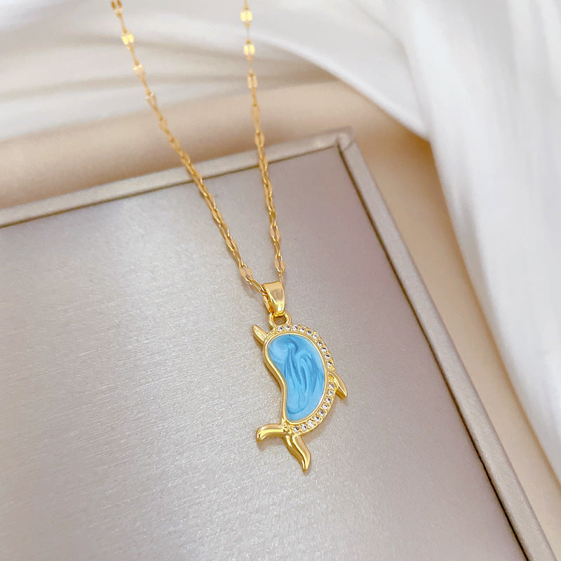 Luxury Dolphin Pendant Necklace for Women with Enamel Finish and Rhinestone Inlay on Titanium Steel Chain