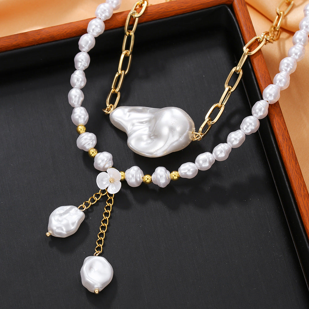 Irregular Baroque Style Imitation Pearl Necklace with Geometric Shape Alloy Chain for Women