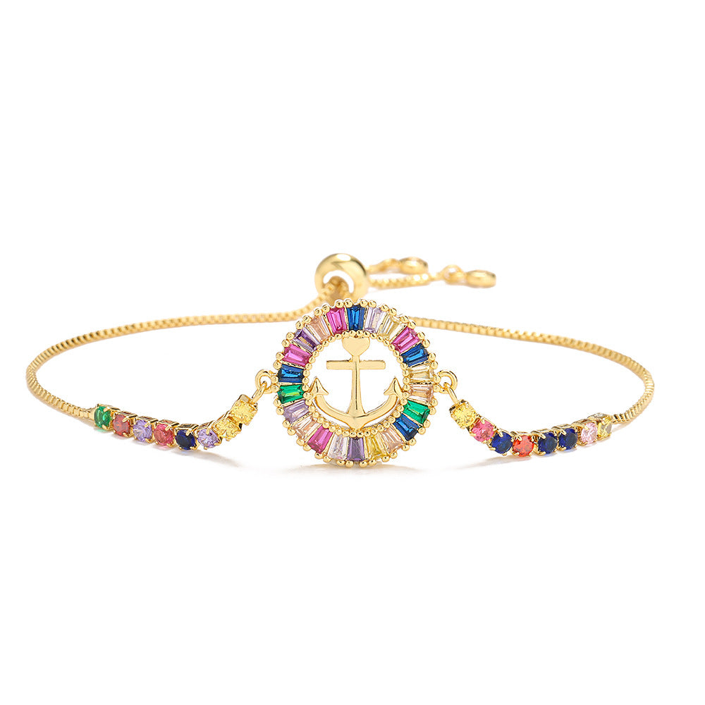 INS Style Geometric T-Shaped Cubic Zirconia Bracelet for Women Adjustable Drawstring Brass with 18K Gold Plating