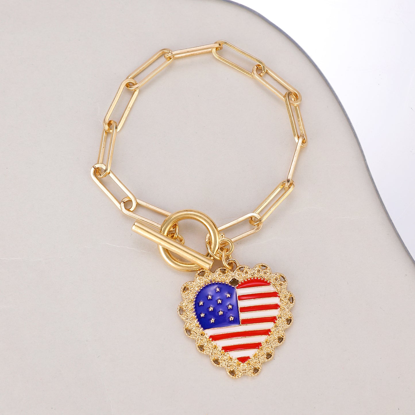 Patriotic Resin Beaded Bracelet Set with Heart Star Letter Charms and Rhinestone Accents