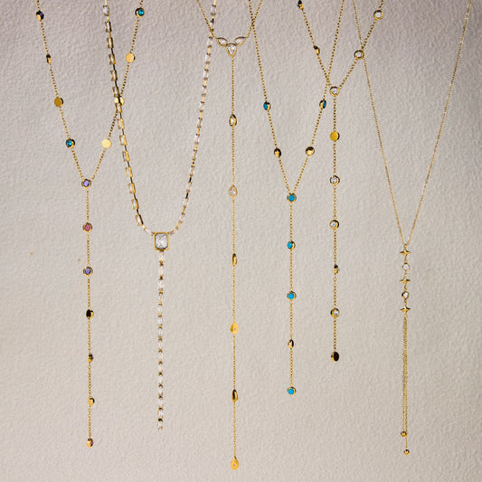 Collana di lusso a catena geometrica a Y con ciondolo in acciaio al titanio placcato oro 18 carati e zircone da donna
