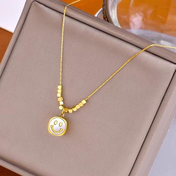Artistic Minimalist Geometric Shell Smile Pendant Necklace for Women in Titanium Steel with Plated Finish Adjustable Clavicle Chain
