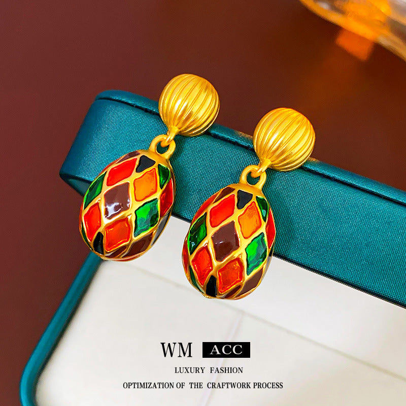 Vintage-Style Geometric Enamel Oval Earrings in Alloy for Women with Retro Artistic Appeal