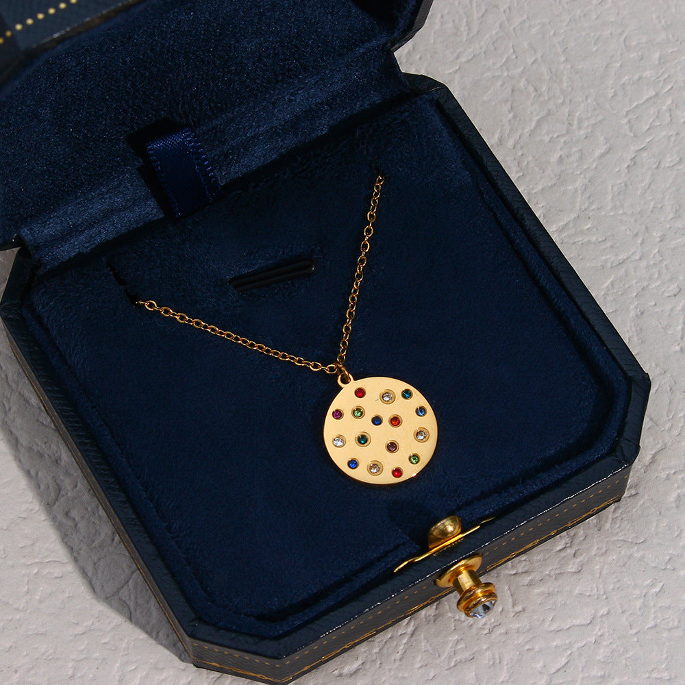 Minimalist Geometric Stainless Steel Pendant Necklace with Crystal Zirconia Round Charm for Women