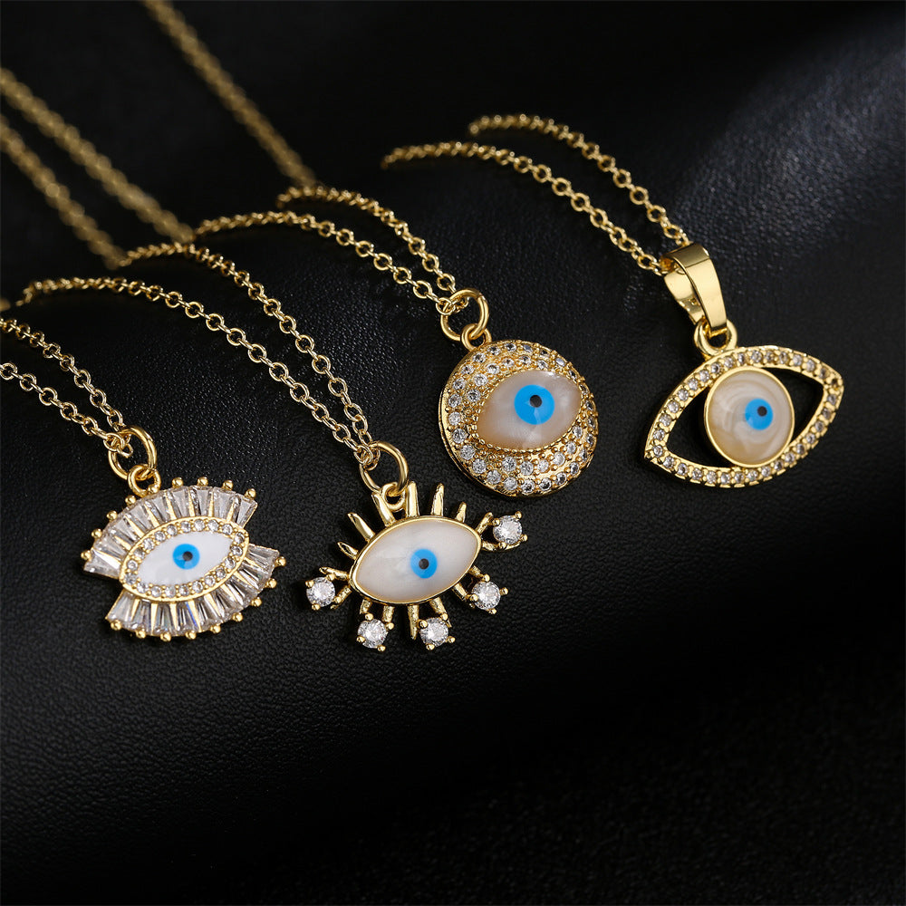 Minimalist Geometric Eye Pendant Necklace for Women with Copper Base and 18K Gold Plating, Enamel Finish and Zircon Inlay